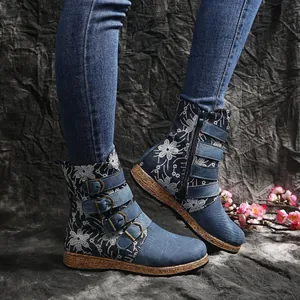 Bohemian ethnic floral embroidered denim ankle boots with buckle straps and comfortable flat sole