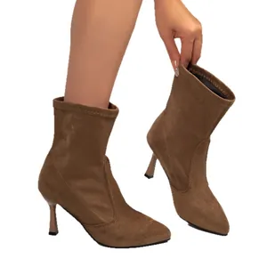 Elegant women's brown suede kitten heel ankle boots with a stylish pointed toe design