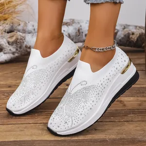 Fashionable white knit wedge sneakers with sparkling rhinestones and thick sole