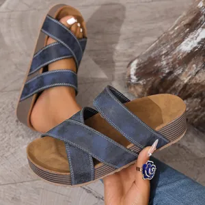 Close-up of navy blue criss-cross platform wedge sandals with white stitching