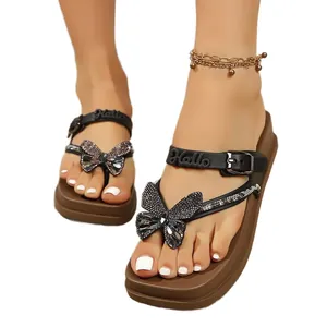 Stylish thick-sole flip-flop sandals for women with diamond butterfly and wedge heel.