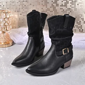 Elegant black mid-calf boots featuring leopard print shaft and chunky heels detail