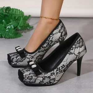 Damen Quadratische Zehenpartie Pfennigabsatz Pumps Spitze Mesh Schleife Strass Sexy Elegante Flache Mündung Mary Jane Büro Schuhe