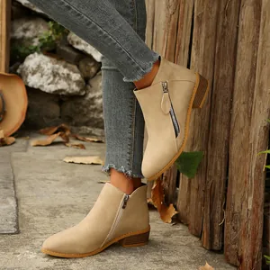 Stylish pointed toe chunky heel ankle boots with double zippers in beige faux leather