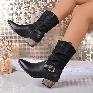 Detail of women's mid-calf boots featuring leopard print and chunky heel