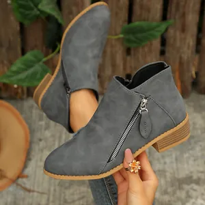 Grey pointed toe ankle boots with chunky block heel and double side functional zipper