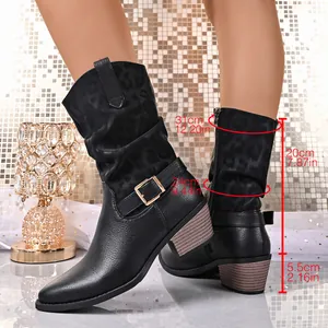 Black mid-calf boots with leopard print detail and dimensions for calf and heel.