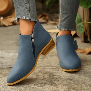 Women's blue pointed-toe ankle boots with chunky heels and double zippers for autumn