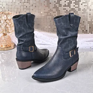 Close-up of stylish blue mid-calf leather boots featuring side buckles and block heels