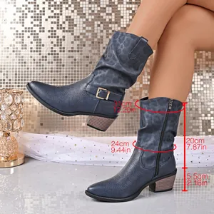Measurement detail of blue leather mid-calf boots with leopard print and chunky heel.