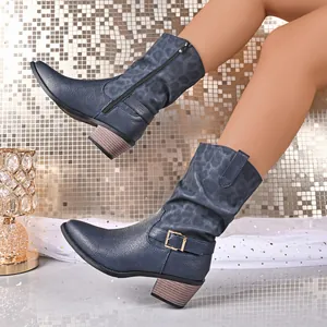 Detailed view of women's blue leopard print mid-calf boots with side buckle and thick heel.