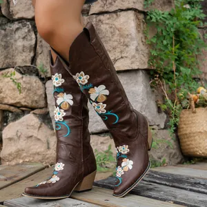 Vintage brown knee-high V-mouth Western cowboy boots with floral embroidery and block heel
