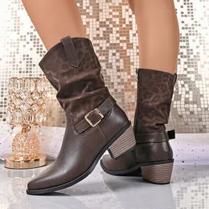 Elegant brown mid-calf boots with leopard print fabric and metallic buckle detail