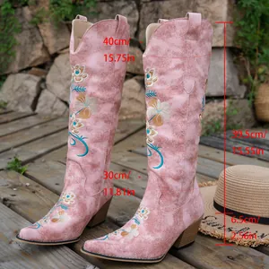 Detail of pink floral embroidered western cowboy boots with heel and height measurement