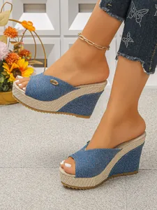 Stylish denim wedge platform sandals with braided woven sole for women summer wear