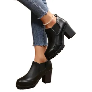 Fashionable black chunky high heel platform ankle boots for women in spring autumn style