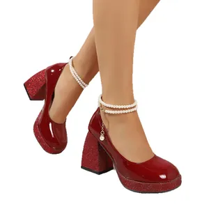 Elegant red patent leather chunky heel Mary Jane shoes with pearl anklet straps