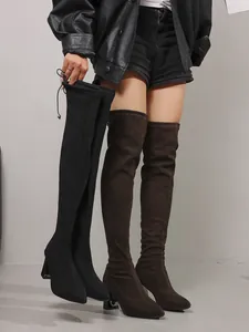 Close-up of stylish faux suede thigh-high stretch boots with pointed toe and mid-heel