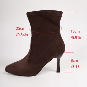 Braune spitze Stiletto-Socken-Stiefeletten mit 8 cm Absatz und 15 cm Schafthöhe Maßen