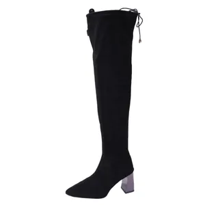 Black suede over-the-knee stretch boots with pointed toe and chunky mid-heel design