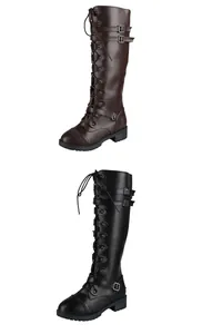 Stylish vintage brown and black lace-up knee-high rider boots with metal buckle straps