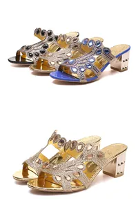 Detail view of sparkling rhinestone block heel sandals for women in various colors