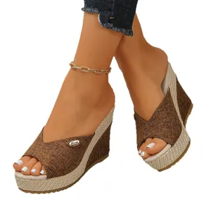 Women's stylish brown wedge platform sandals with textured straps and woven heels.