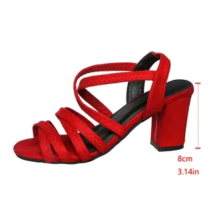 Side view of elegant red peep toe high heel sandal with 8cm block heel and ankle strap