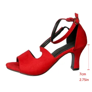 Detailed side view of elegant red suede high heel sandals with 7cm heel height annotation
