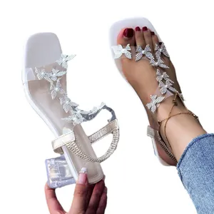 Fairy style transparent sandals with rhinestone butterflies and crystal block heel