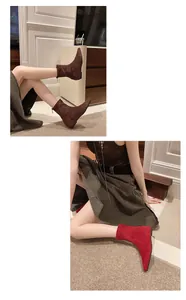 Bottines élégantes en daim à bout pointu pour femmes en marron et rouge très chic