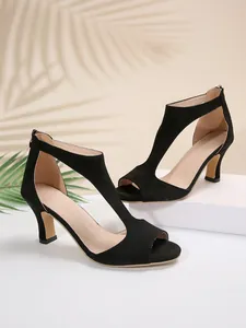 Elegant black suede T-strap peep-toe high-heeled sandals with back zipper detail.