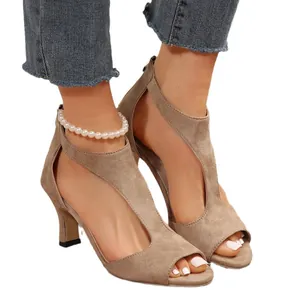 Fashionable khaki suede high heel sandals with peep toe and elegant hollow out design