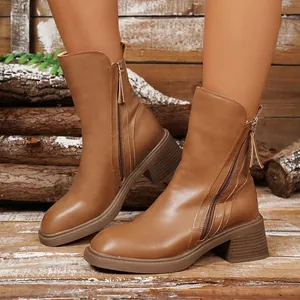 Retro brown Chelsea boots for women with a comfortable thick heel and side zipper detail