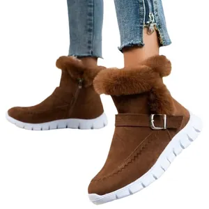 Stylish brown winter ankle boots with faux fur trim and buckle detail for women warm