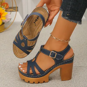 Stijlvolle marineblauwe Romeinse sandalen met blokhak, open teen en gespbandsluiting.
