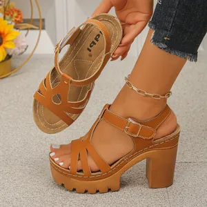 Stijlvolle bruine Romeinse platformsandalen met dikke hakken en open teen ontwerp