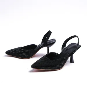 Elegant black rhinestone pointed-toe slingback high-heel sandals with fine stiletto