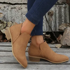 Elegant camel faux suede pointed toe Chelsea ankle boots with a low chunky heel design