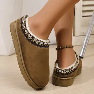 Detail view of brown suede platform mule slippers with warm faux fur lining and embroidery