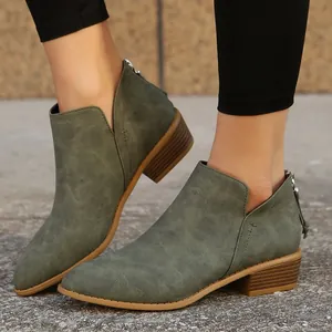 Pointed toe olive green Chelsea ankle boots with block heel and back zipper detail