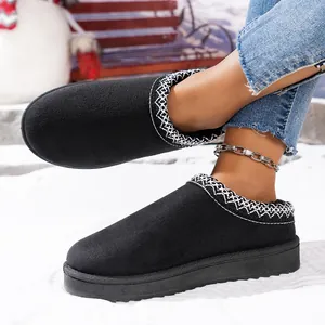 Detail of women's black platform snow boot slippers with warm faux fur lining