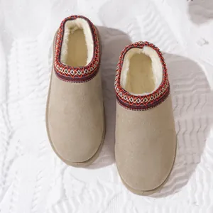 Detailed view of beige suede mule slippers with warm white fur lining and embroidered collar