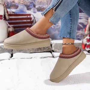 Close-up of stylish winter platform clogs with warm fur lining in a snowy setting