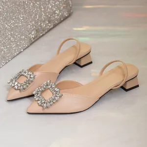 Detailed view of nude pointed-toe slingback pumps with sparkling rhinestone buckle.