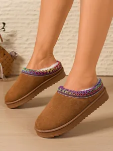 Warm fur-lined platform slippers with bohemian embroidered trim for cozy winter wear