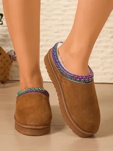 Close-up of brown suede platform mules with colorful trim and plush lining