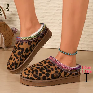 Close-up of women's leopard print platform clogs with cozy fleece lining and 3cm heel