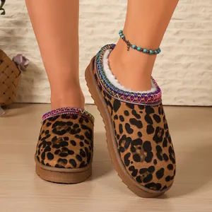 Close-up of leopard print backless slippers with colorful embroidery and faux fur lining.