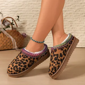 Close-up of leopard print snow slippers with thick platform and plush lining